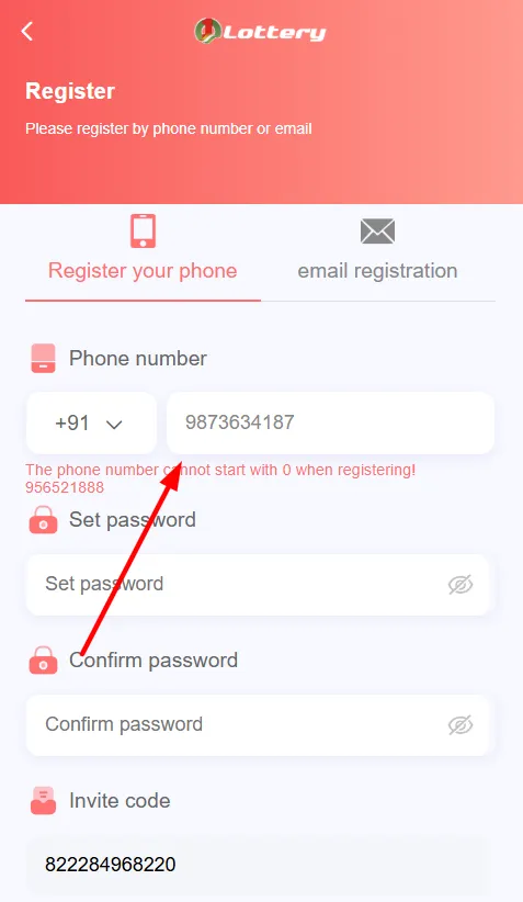 Enter your phone number in the column provided on the 1 Lottery App